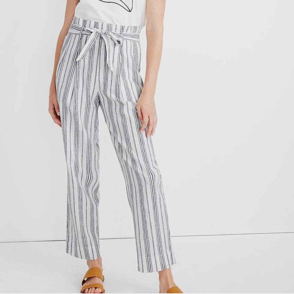 Madewell Linen Cotton Baltic Stripe Paper Bag Waist High Waisted Pants